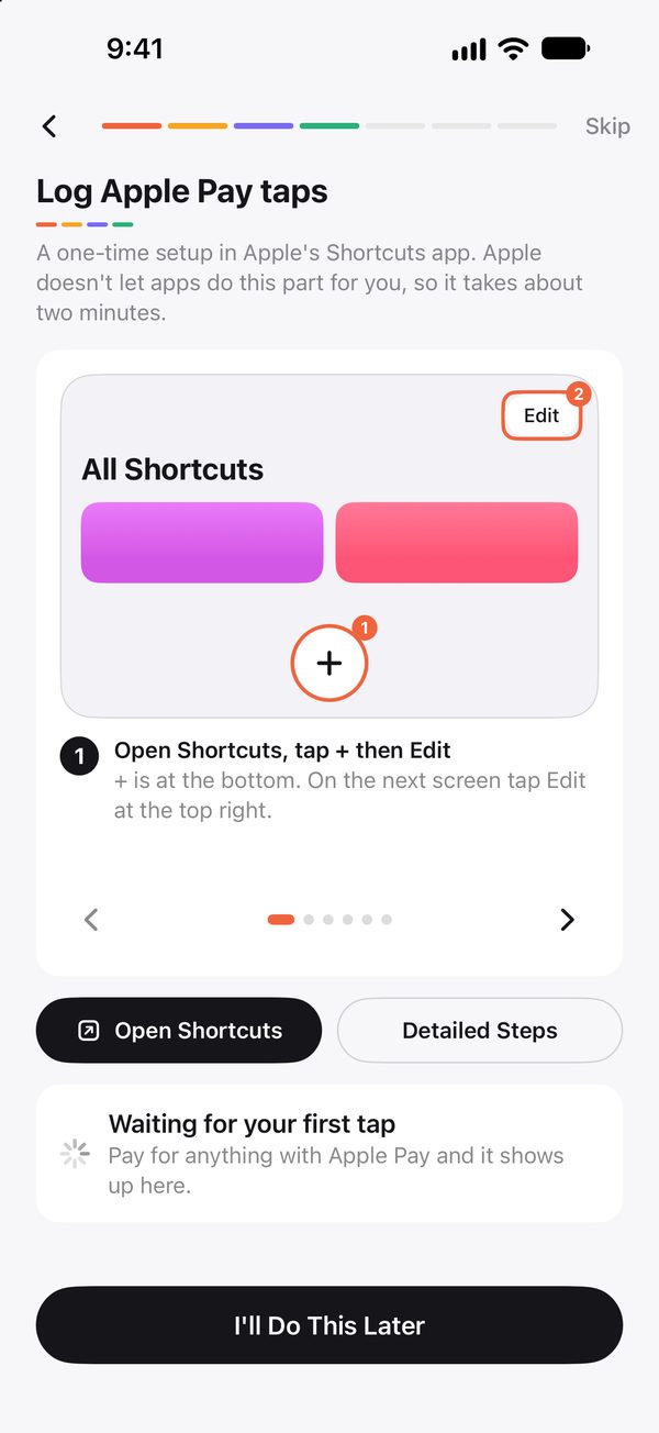 Setup: a drawing of the Shortcuts app with the button to tap circled